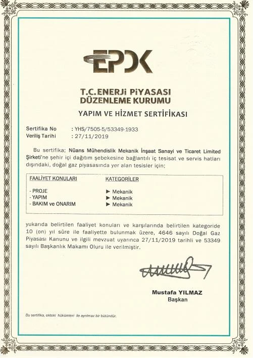 EPDK Yapım ve Hizmet Sertifikası taraması.